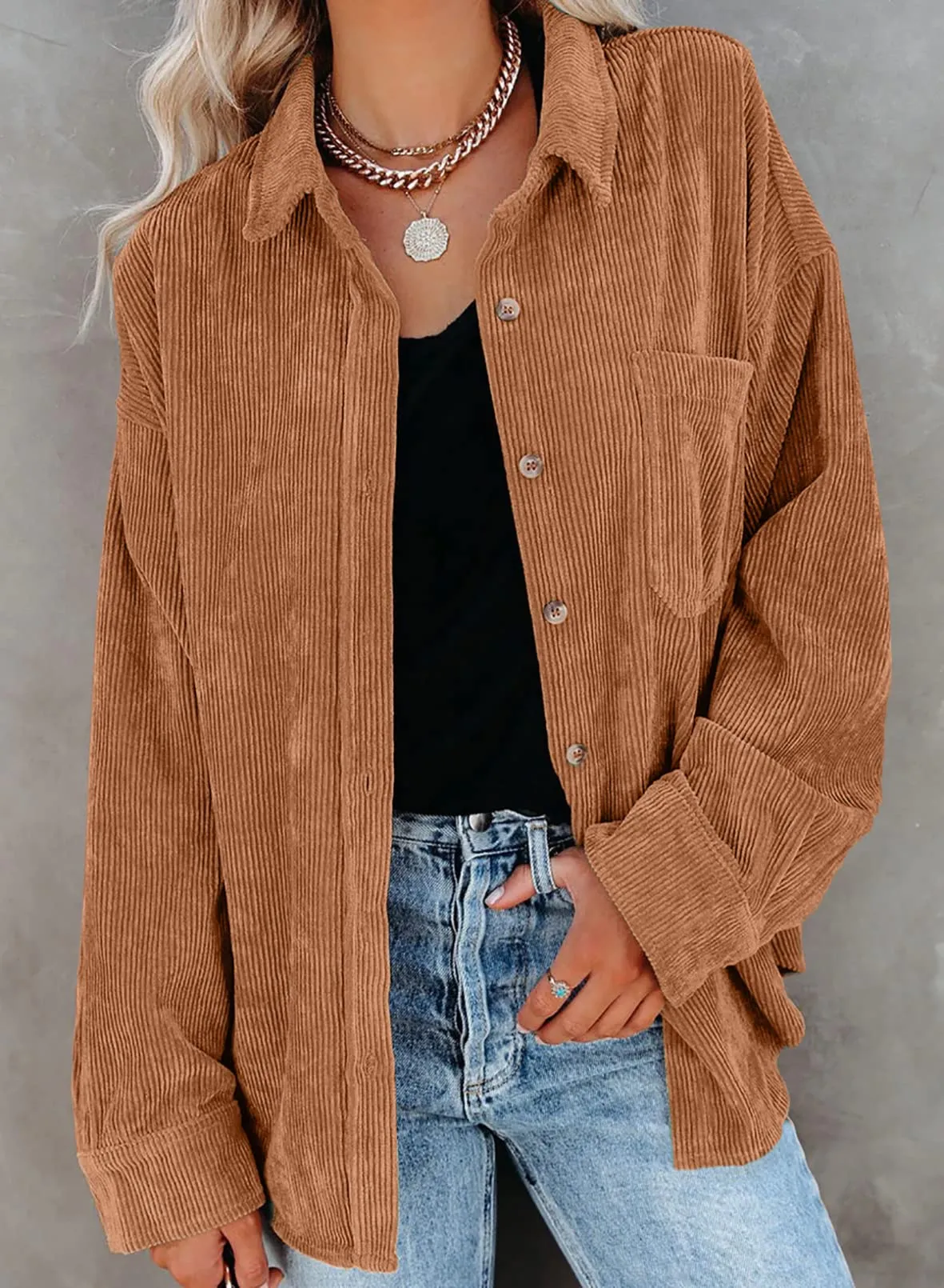 Brown Womens Corduroy Button Down Shirts Boyfriend Long Sleeve Oversized Blouses Tops - Dokotoo