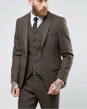 Brown/Gray Latest Coat Pants Tweed Suit Men Set Slim Fit Custom Wedding Suit Men Blazer Tuxedo 3pcs(Jacket Pants Vest)