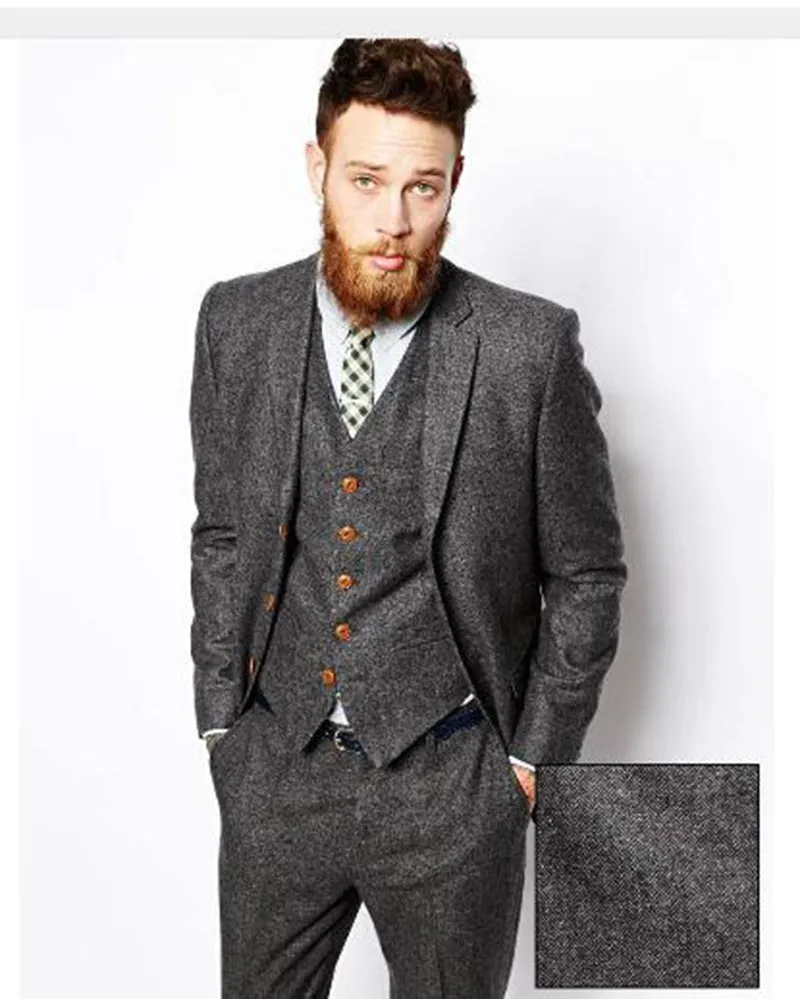 Brown/Gray Latest Coat Pants Tweed Suit Men Set Slim Fit Custom Wedding Suit Men Blazer Tuxedo 3pcs(Jacket Pants Vest)