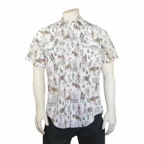 Chic Design Rockmount Mens White 100% Cotton Cactus and Cowboys S/S Shirt