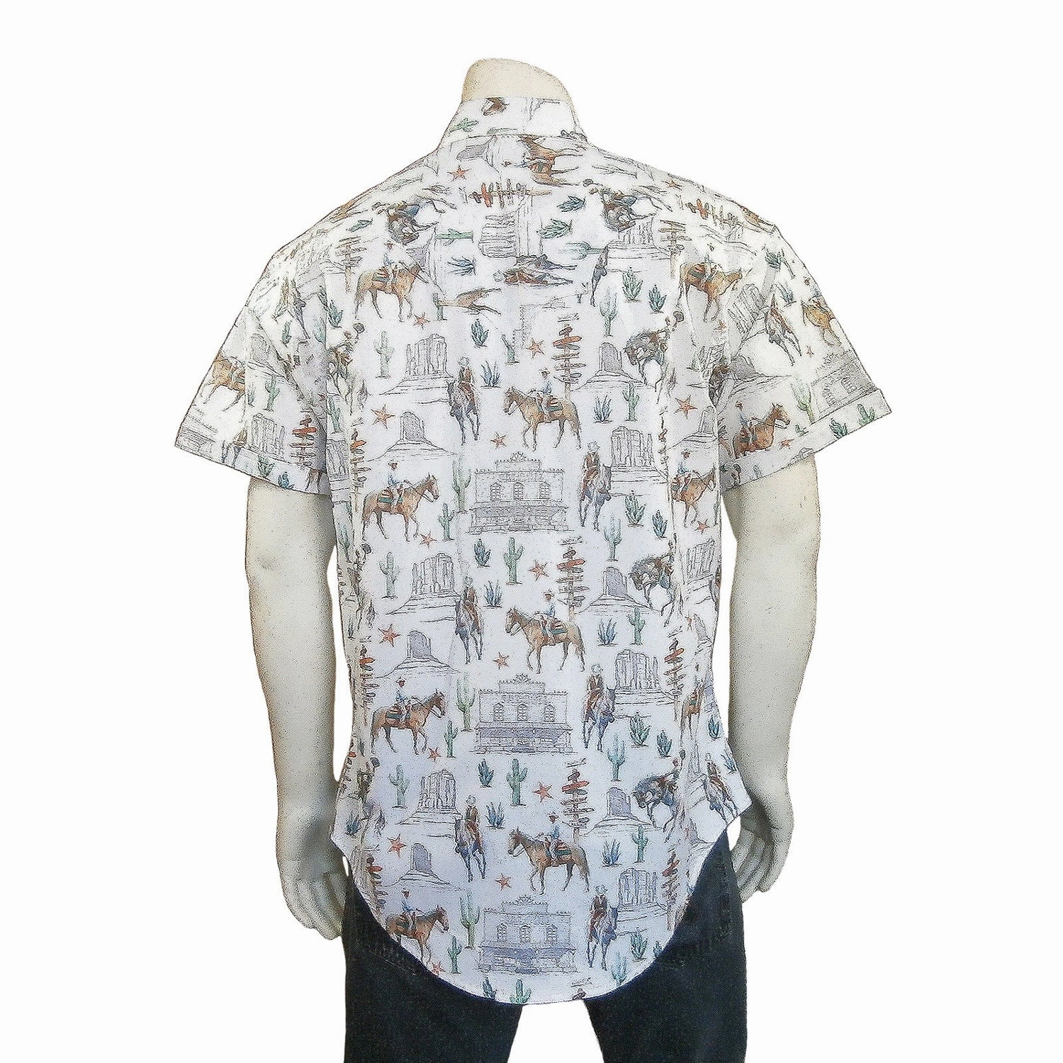 Rockmount Mens White 100% Cotton Cactus and Cowboys S/S Shirt Hypoallergenic Lining Textured Finish