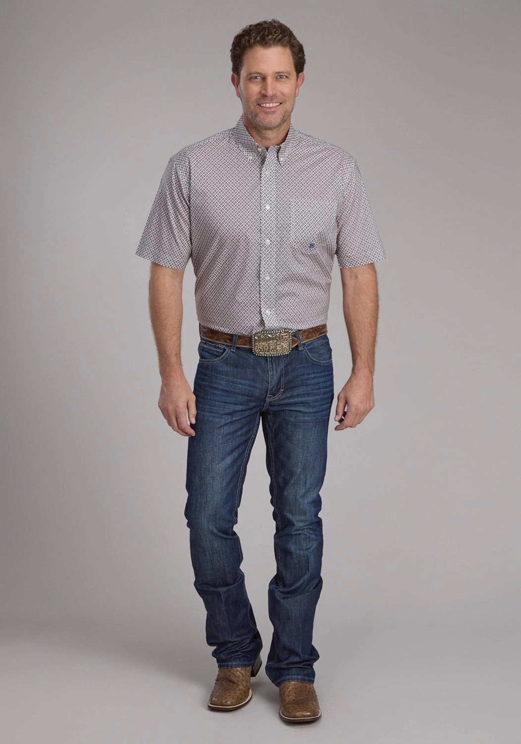 Roper Mens Pinwheel Foulard Tan 100% Cotton 1 Pkt S/S Shirt Lace Accent Comfy Design