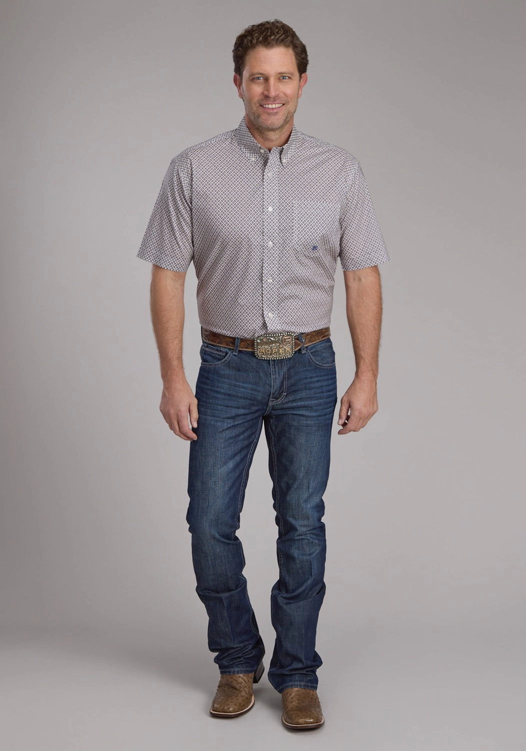 Roper Mens Pinwheel Foulard Tan 100% Cotton 1 Pkt S/S Shirt Sustainable Material Tall Option