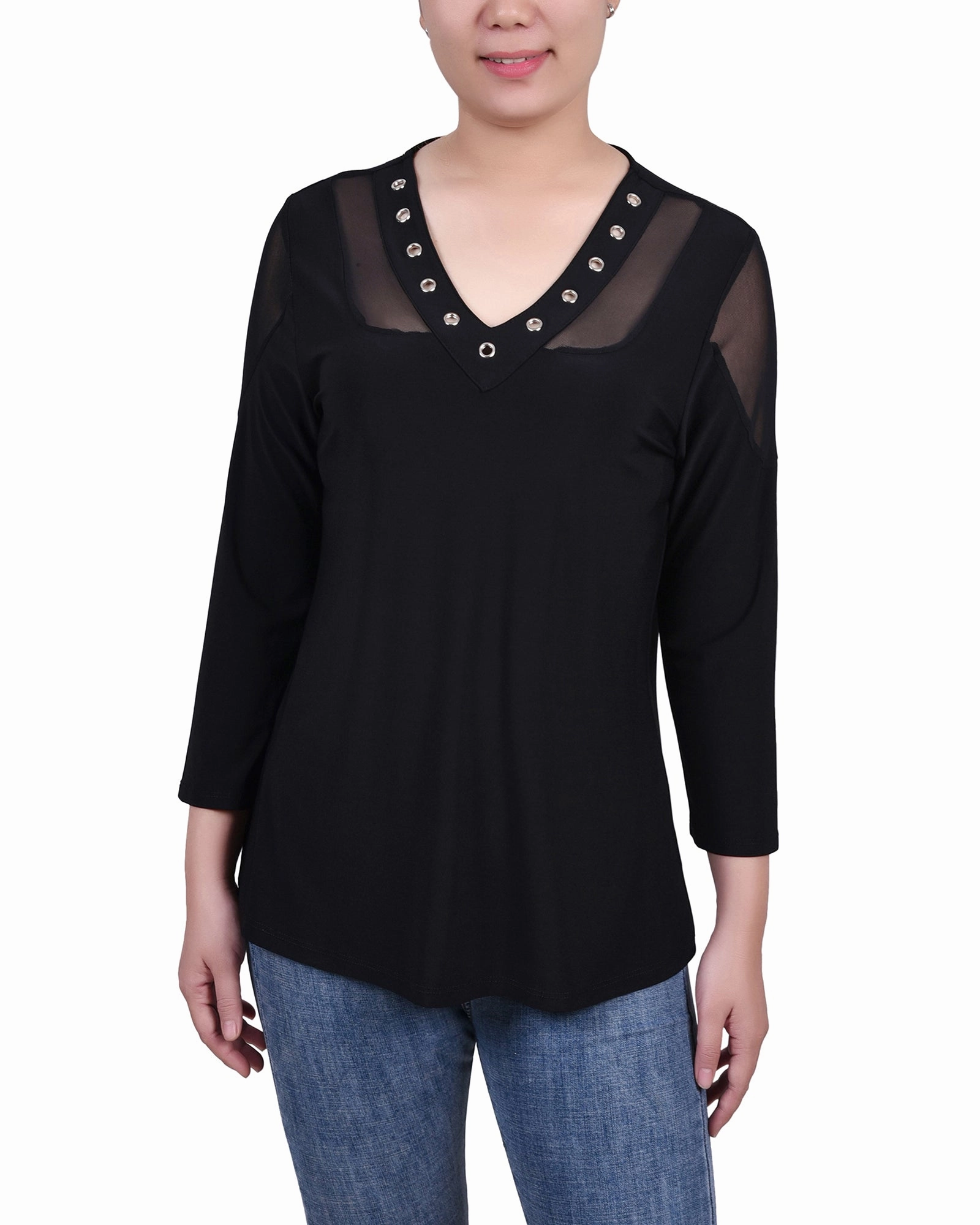 Ribbed Neckline EthicallySourcedMaterial Petite Long Sleeve Top With Mesh Insets