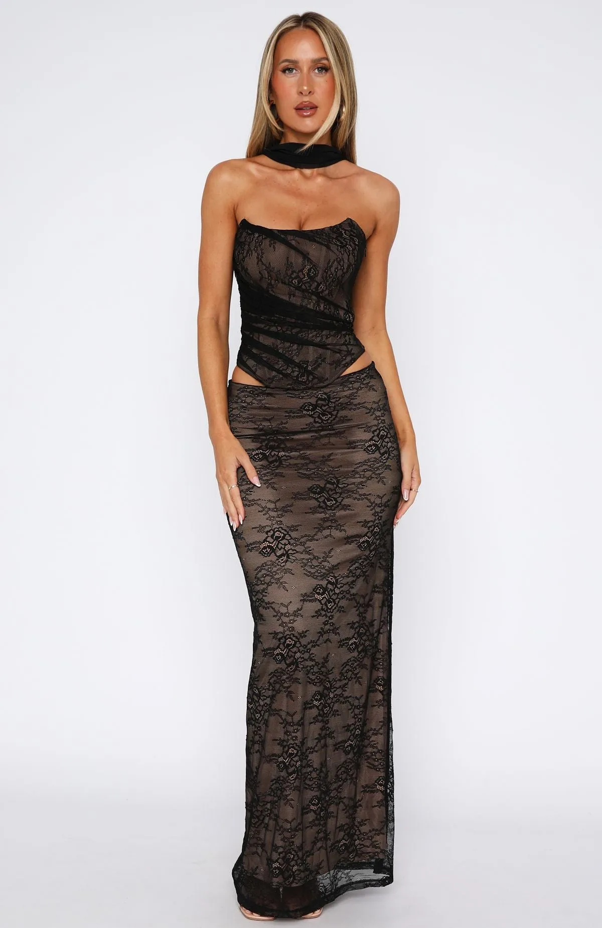 High Street Chic Tapered Cut Forever After Lace Maxi Skirt Black