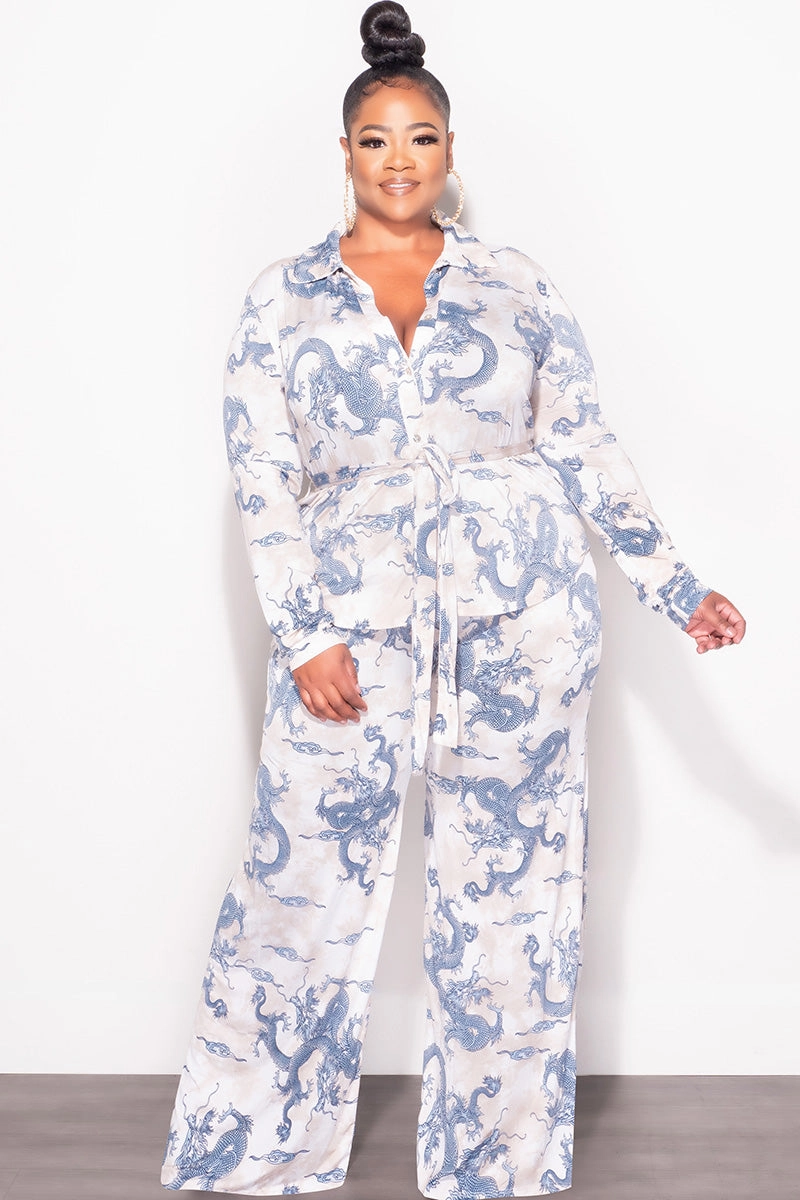 Final Sale Plus Size 2pc Button Up Collar Top and Pants Set in Blue and Tan Chilly Day Ready Full Coverage