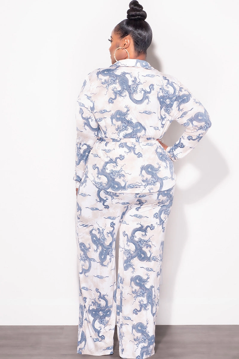 Final Sale Plus Size 2pc Button Up Collar Top and Pants Set in Blue and Tan Vintage Wash snag resistant