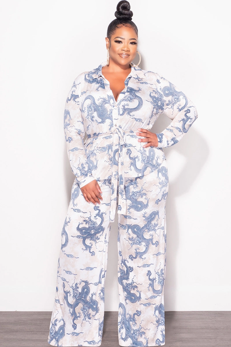 Final Sale Plus Size 2pc Button Up Collar Top and Pants Set in Blue and Tan Sport Ready