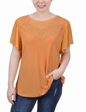 Studded Short Flutter Sleeve Top With Mesh Details Loose Tee