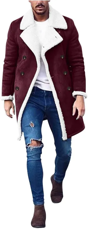 Burband Mens Casual Sherpa Fleece Lined Jackets Winter Warm Fur Collar Long Trench Coats Big and Tall Outwears