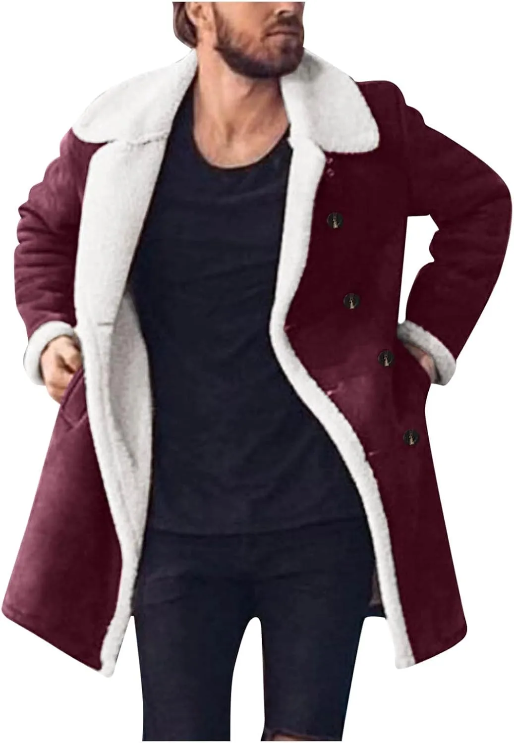 Burband Mens Casual Sherpa Fleece Lined Jackets Winter Warm Fur Collar Long Trench Coats Big and Tall Outwears