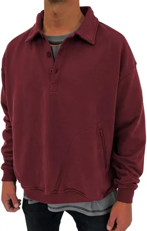 Burband Mens Long Sleeve Cotton Henley Shirts Casual V Neck Polo Sweaters Athletic Pullover Sweatshirts with Zipper Pockets