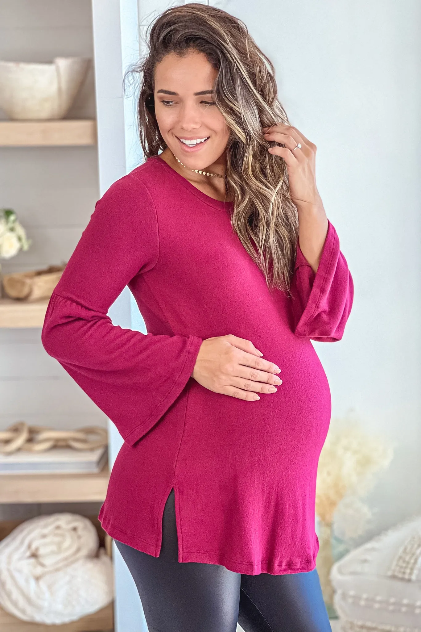 Burgundy Maternity Top With Bell Sleeves