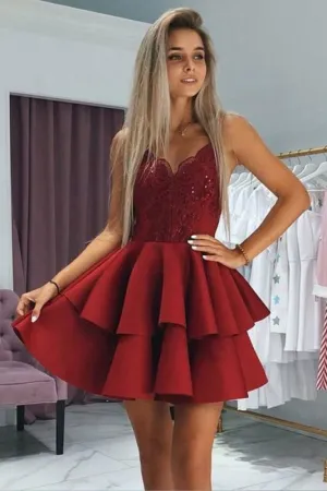 Burgundy Spaghetti Strap Two Layers Satin Short Prom Dress with Appliques