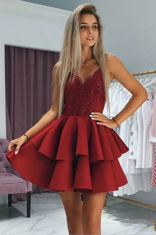 Burgundy Spaghetti Strap Two Layers Satin Short Prom Dress with Appliques
