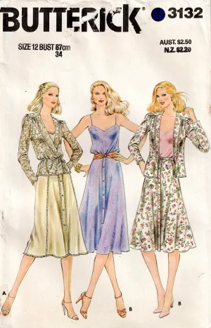 Butterick 3132 Womens Camisole Skirt & Jacket 1980s Vintage Sewing Pattern Size 12 Bust 34 inches UNCUT Factory Folded