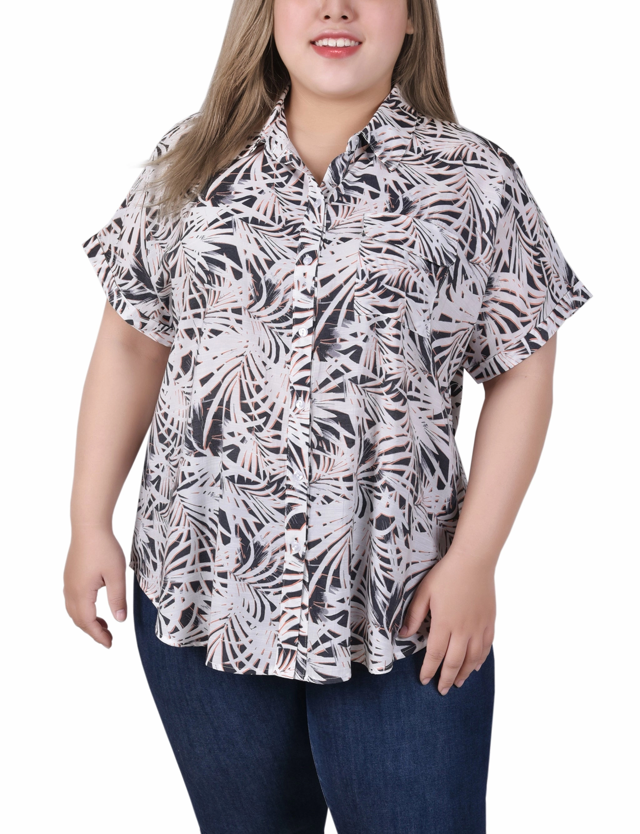 Plus Size Short Rolled Sleeve Button Front Blouse NonChafingTrim Sustainable Production Methods