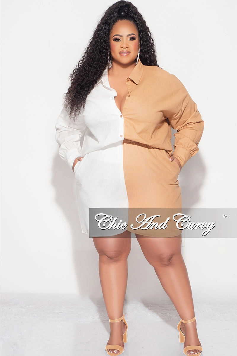 Final Sale Plus Size 2pc Collar Button Up Top and Short Set in Tan and White Twill Weave Texture