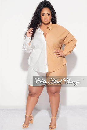 Final Sale Plus Size 2pc Collar Button Up Top and Short Set in Tan and White Performance Support