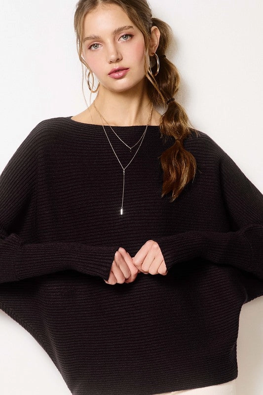 Moisture Wicking Technology Two Tone Texture Effect Ruby Ribbed Boat Neckline Bubble Sleeve Sweater Top
