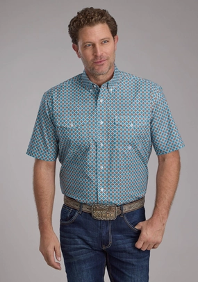 Roper Mens Turquoise Tile Foulard Blue 100% Cotton Btn S/S Shirt bohemian flair Graduation Ceremony