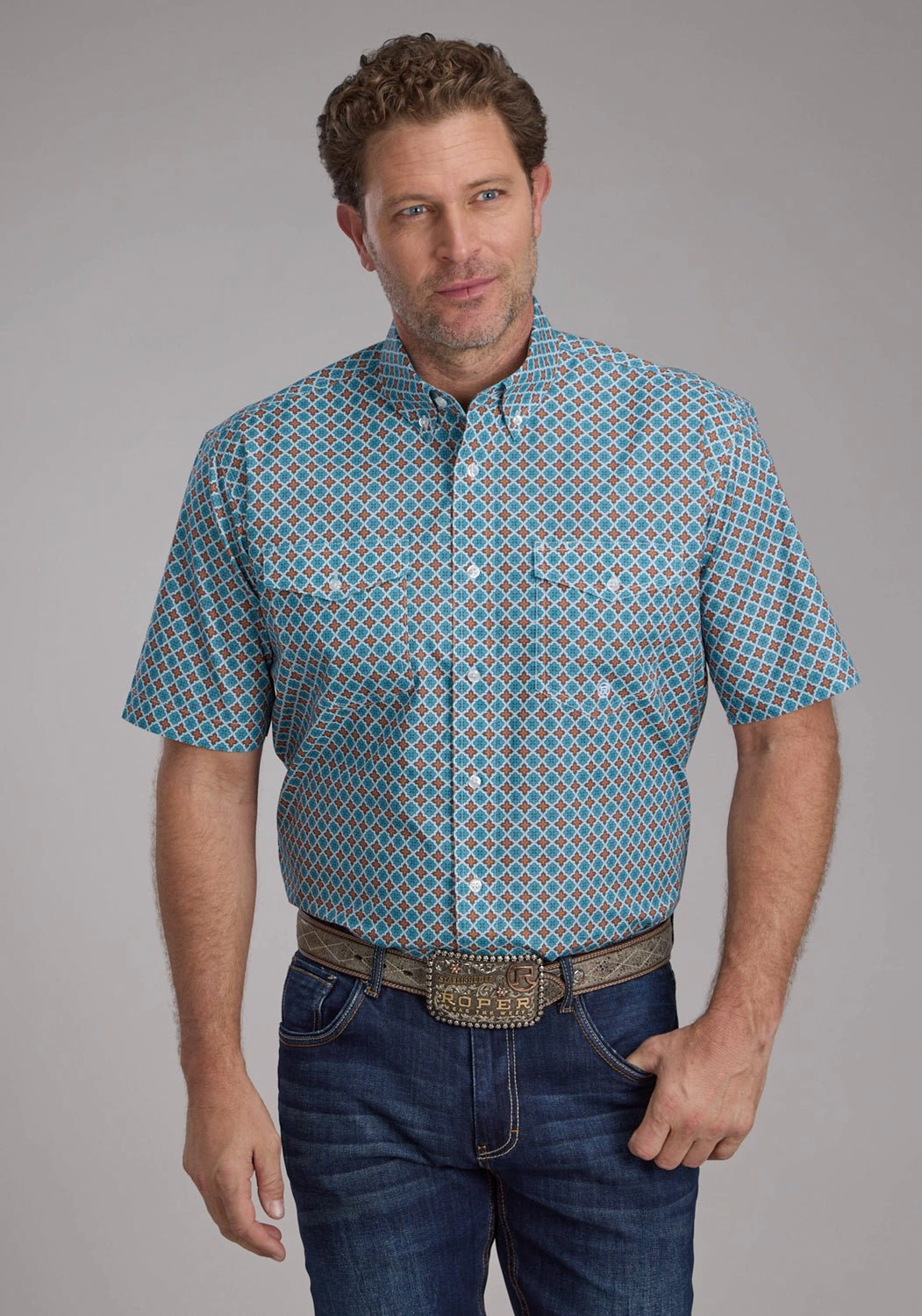 Stretchable Fabric Roper Mens Turquoise Tile Foulard Blue 100% Cotton Btn S/S Shirt