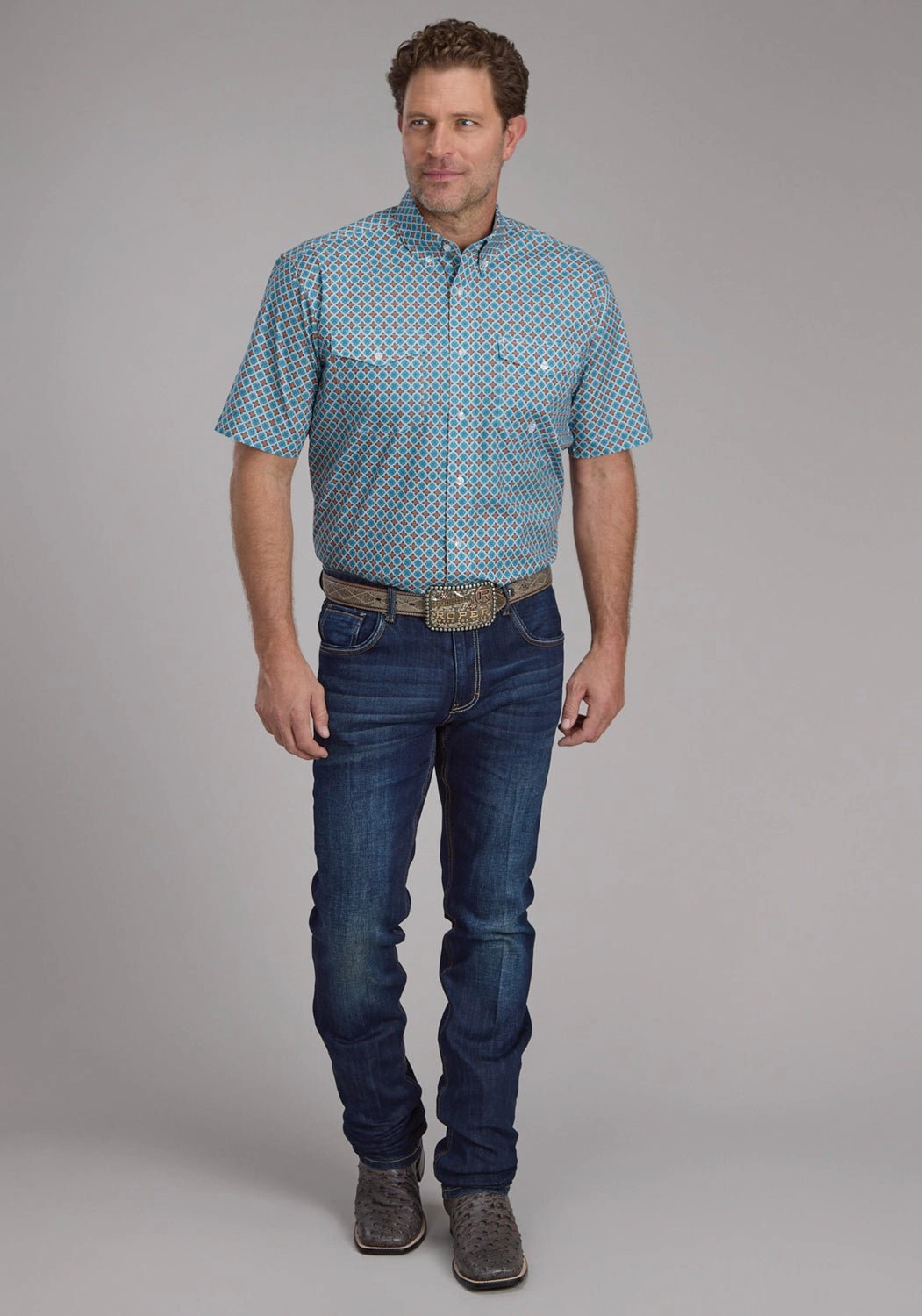 Roper Mens Turquoise Tile Foulard Blue 100% Cotton Btn S/S Shirt No Bulk Layering System