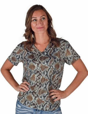 Cowgirl Tuff Womens Flowy V-Neck Snake Dusty Blue Poly/Spandex S/S T-Shirt Short Sleeve