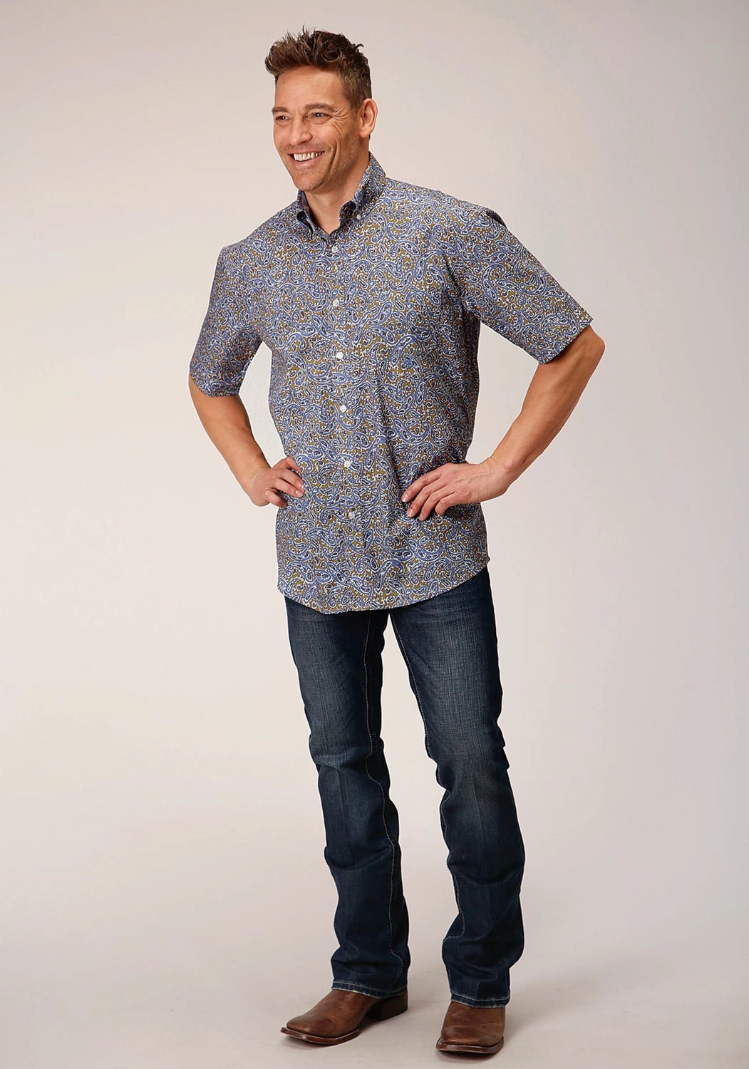 Sophisticated Elegance Moisture Wicking Material Roper Mens Valley Paisley Brown 100% Cotton S/S Shirt