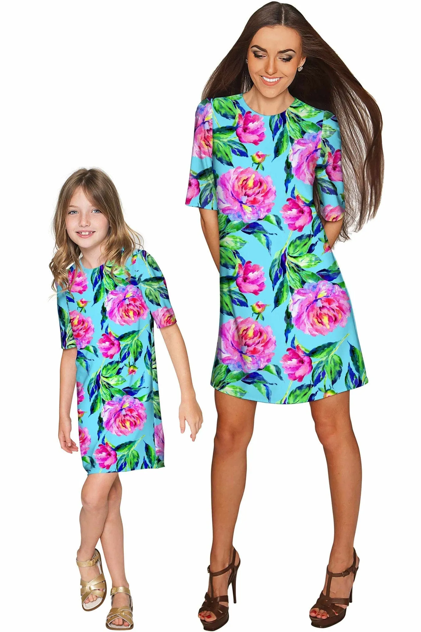 BUY 1 GET 4 FREE! Peony Splash Grace Pretty Blue Floral Print Shift Dress - Girls