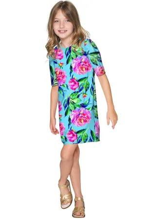 BUY 1 GET 4 FREE! Peony Splash Grace Pretty Blue Floral Print Shift Dress - Girls