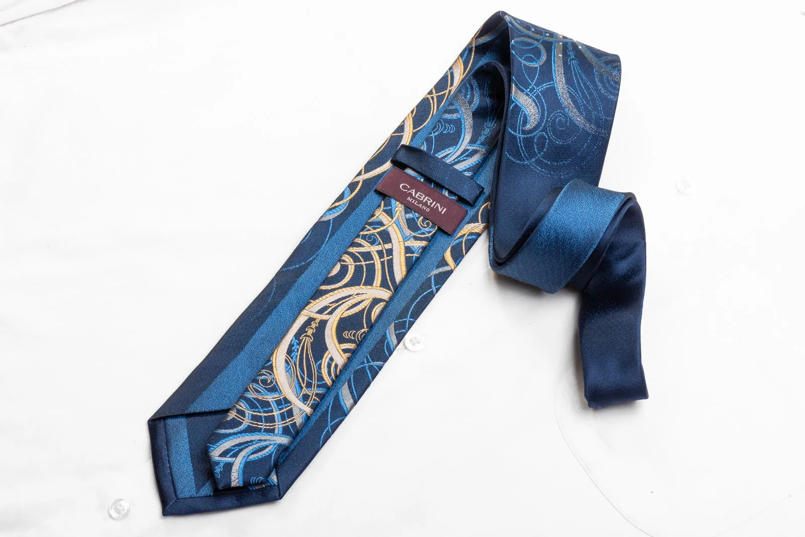 Cabrini Men's Rhinestone Necktie Gold Blue Scrolls On Navy With Gold Sparkles