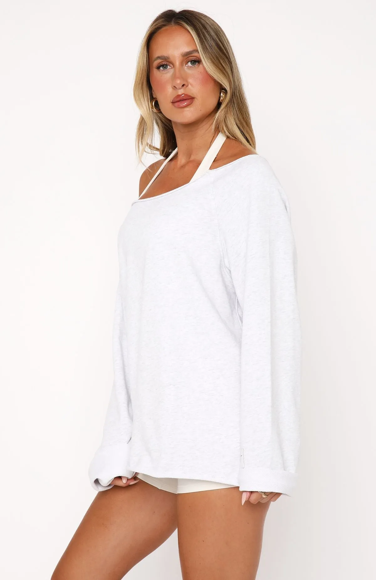 Minimalist Silhouette Ergonomic Shoulder Cut Call It Love Sweater Light Grey Marle