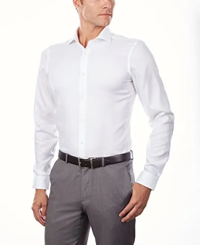 Calvin Klein Men's Non Iron Stretch Slim Fit Unsolid Solid Dress Shirt Shirt, White, 18.5" Neck 34-35" Sleeve