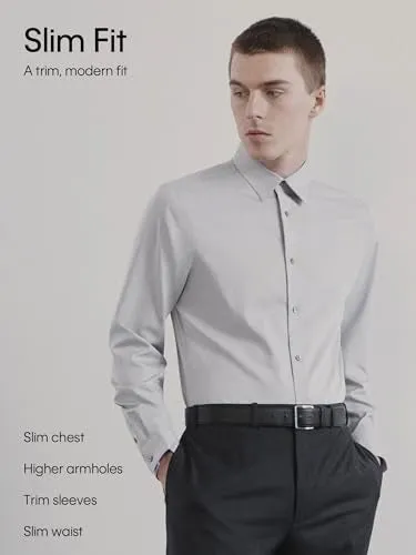 Calvin Klein Men's Non Iron Stretch Slim Fit Unsolid Solid Dress Shirt Shirt, White, 18.5" Neck 34-35" Sleeve