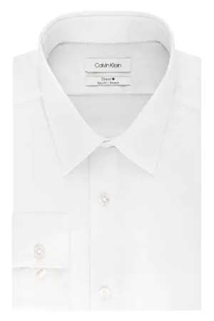 Calvin Klein Men's Non Iron Stretch Slim Fit Unsolid Solid Dress Shirt Shirt, White, 18.5" Neck 34-35" Sleeve