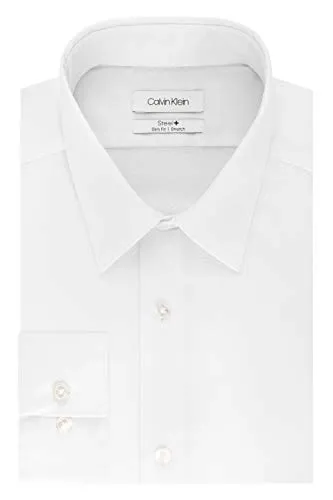 Calvin Klein Men's Non Iron Stretch Slim Fit Unsolid Solid Dress Shirt Shirt, White, 18.5" Neck 34-35" Sleeve
