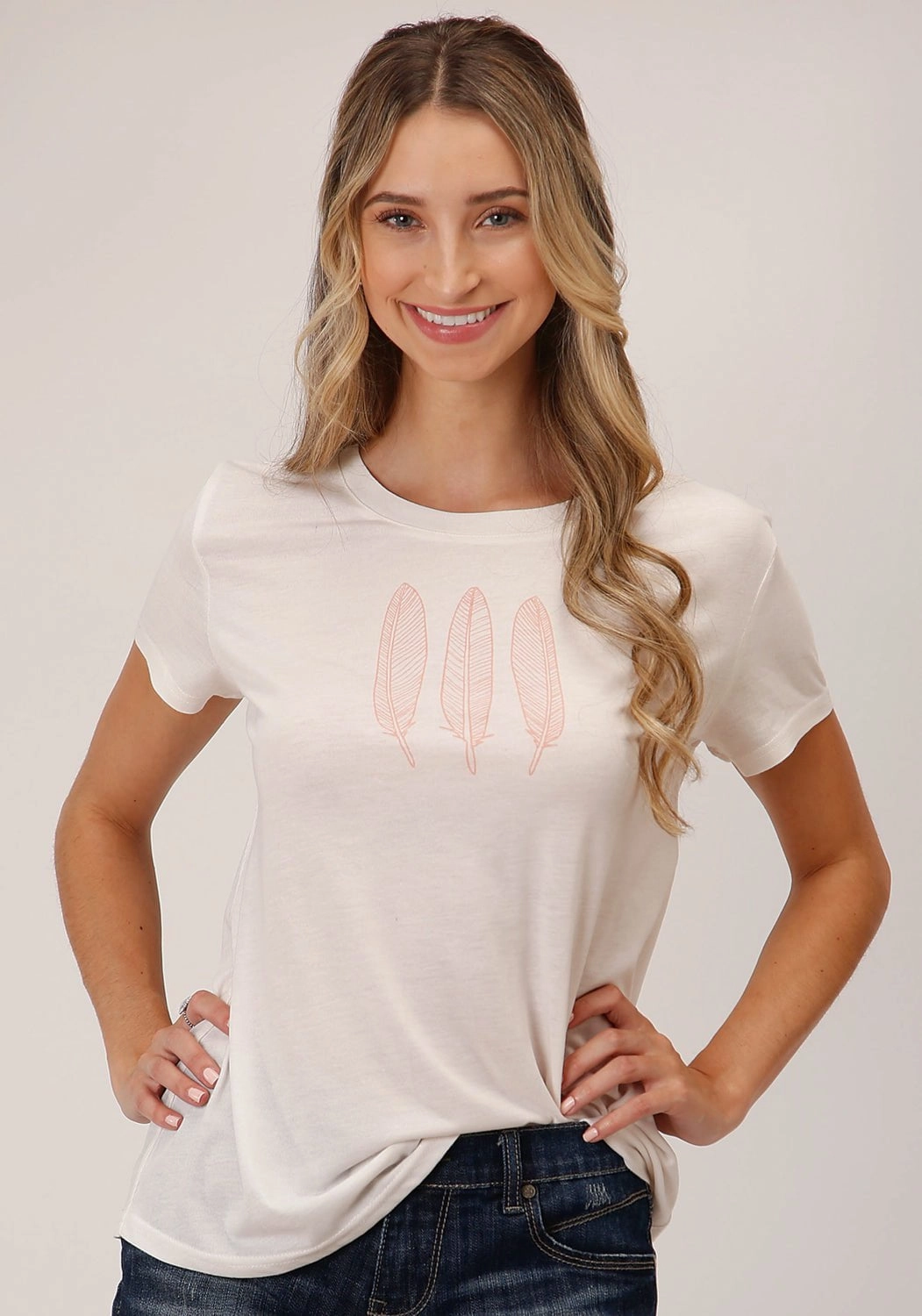 Roper Womens Three Feathers White Poly/Rayon S/S T-Shirt Ergonomic Sleeve Cut Sheer Panel