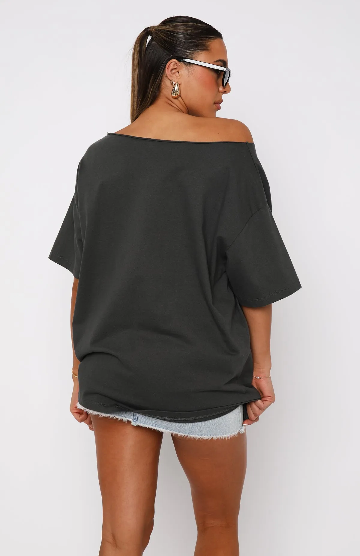 Trendy Sweater Your Favourite View Off Shoulder Oversized Tee Charcoal