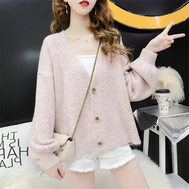 Cardigan Women Short Petite Sweater Loose V-Neck Single-Breasted Lazy Outerwear