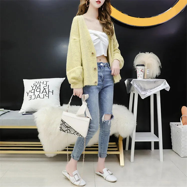Cardigan Women Short Petite Sweater Loose V-Neck Single-Breasted Lazy Outerwear