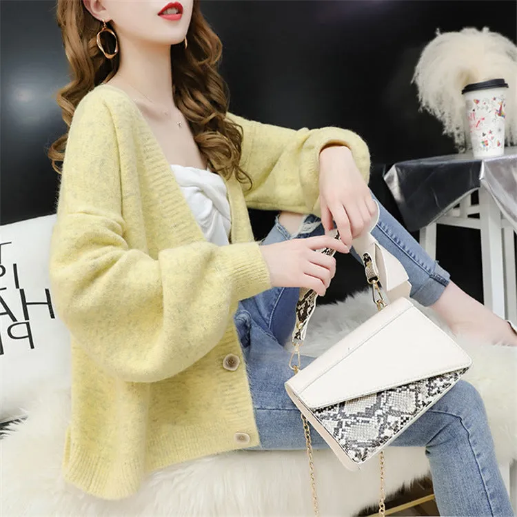 Cardigan Women Short Petite Sweater Loose V-Neck Single-Breasted Lazy Outerwear