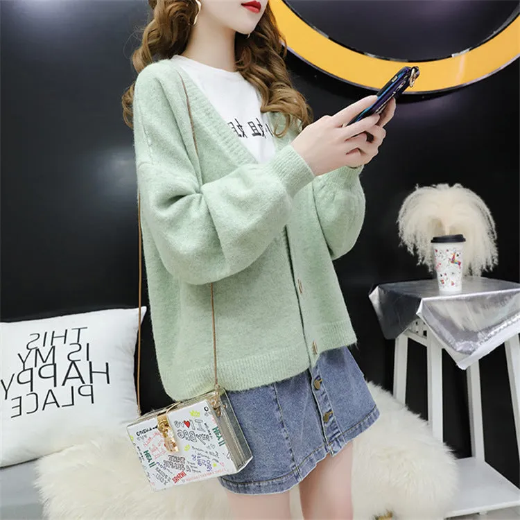 Cardigan Women Short Petite Sweater Loose V-Neck Single-Breasted Lazy Outerwear