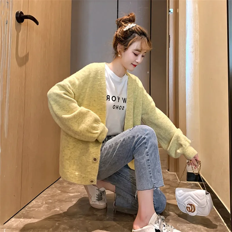 Cardigan Women Short Petite Sweater Loose V-Neck Single-Breasted Lazy Outerwear