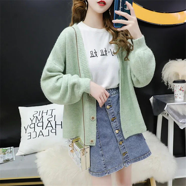 Cardigan Women Short Petite Sweater Loose V-Neck Single-Breasted Lazy Outerwear