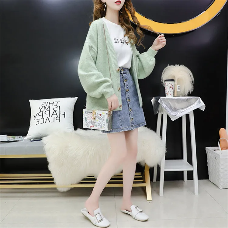 Cardigan Women Short Petite Sweater Loose V-Neck Single-Breasted Lazy Outerwear