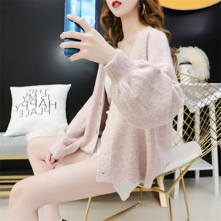Cardigan Women Short Petite Sweater Loose V-Neck Single-Breasted Lazy Outerwear