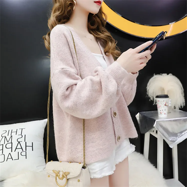 Cardigan Women Short Petite Sweater Loose V-Neck Single-Breasted Lazy Outerwear