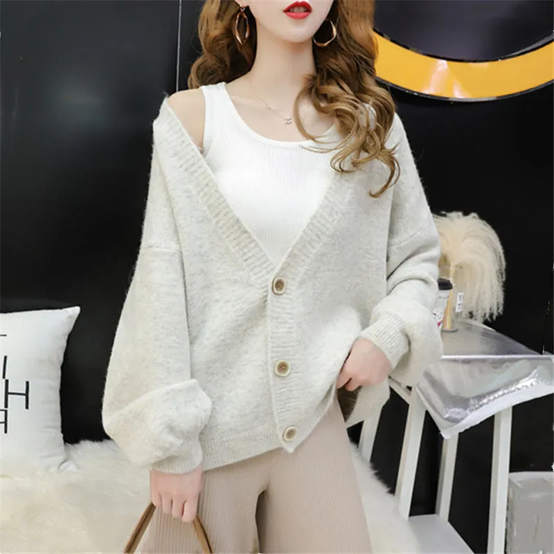 Cardigan Women Short Petite Sweater Loose V-Neck Single-Breasted Lazy Outerwear