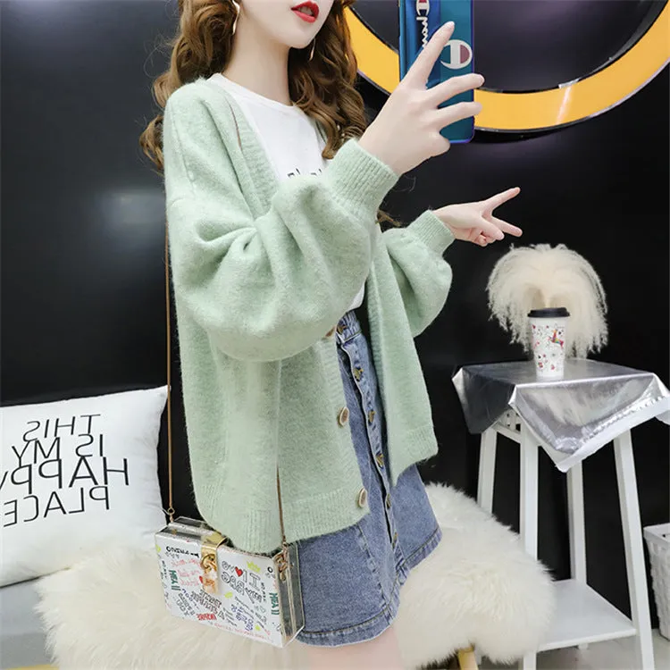 Cardigan Women Short Petite Sweater Loose V-Neck Single-Breasted Lazy Outerwear